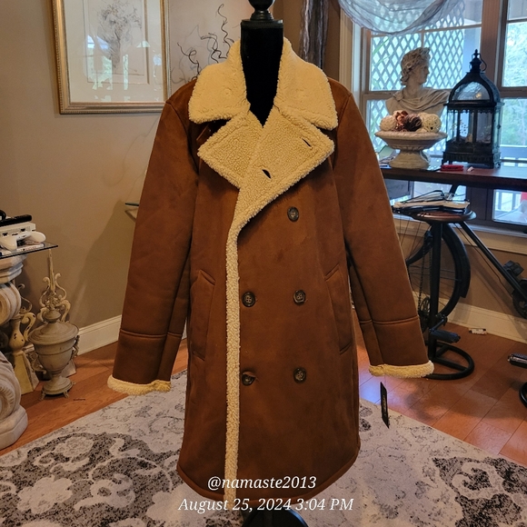 Guess Mens Double-Breasted Faux Shearling Long Coat Faux Suede Faux Fur #678 - Picture 4 of 16